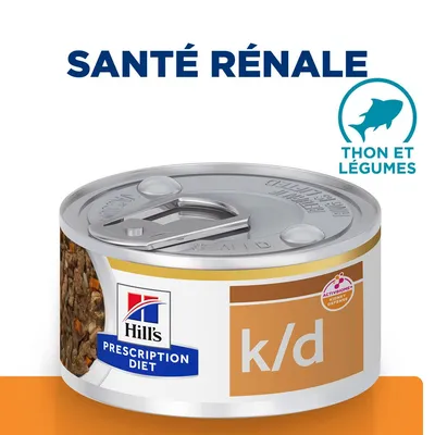Hill's Prescription Diet k/d, boîte avec étiquette santé rénale, thon et légumes, logo ActivBiome+ Kidney Defense visible.