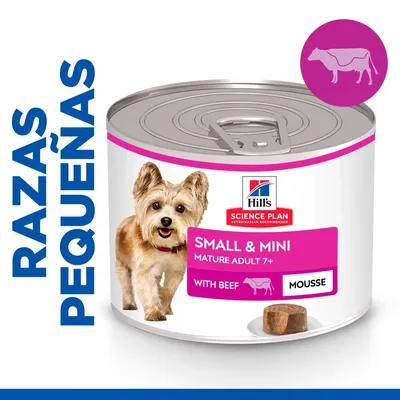 Lata de Hill's Science Plan Small & Mini Mature Adult 7+ with Beef Mousse para razas pequeñas. Imagen de perro y símbolo de vaca visibles en el envase.