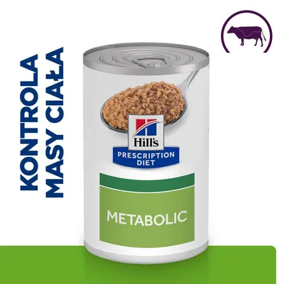 Hill's Prescription Diet Metabolic, kontrola masy ciała, puszka z karmą mokrą, widoczny symbol krowy Hill's Prescription Diet Metabolic, kontrola masy ciała, puszka z karmą mokrą, widoczny symbol krowy