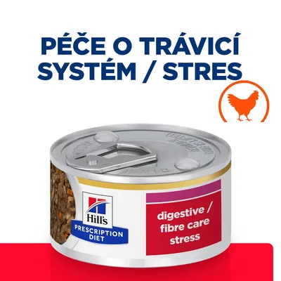 Konzerva Hill's Prescription Diet, text na obale: digestive / fibre care stress. Text nad konzervou: Péče o trávicí systém / stres. Silueta sliepky v oranžovom kruhu.