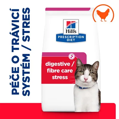 Hill's Prescription Diet pro kočky, text: digestive / fibre care stress, péče o trávicí systém / stres, obrázek kuřete, fotografie kočky na obalu. Hill's Prescription Diet pro kočky, text: digestive / fibre care stress, péče o trávicí systém / stres, obrázek kuřete, fotografie kočky na obalu.