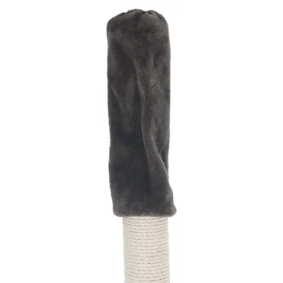 Funda de felpa gris oscuro colocada sobre un poste cilíndrico de cuerda, visible solo la parte superior del poste y la funda.