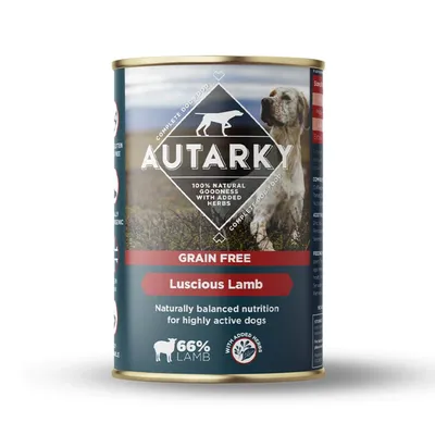 Autarky grain free luscious lamb, 66% lamb with added herbs. Naturally balanced nutrition for highly active dogs. 100% natural goodness with added herbs.