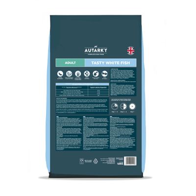 Back of adult tasty white fish complete food bag showing feeding guide, ingredient list, analytical constituents, icons for product features, and advice on feeding.