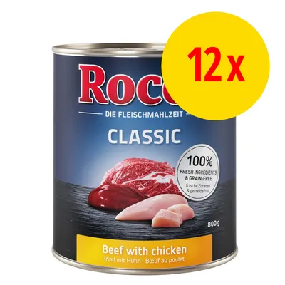 Rocco Classic, boîte 800 g, Beef with chicken, 100 % fresh ingredients & grain-free, lot de 12 x. Texte en anglais et allemand visible sur l’emballage.