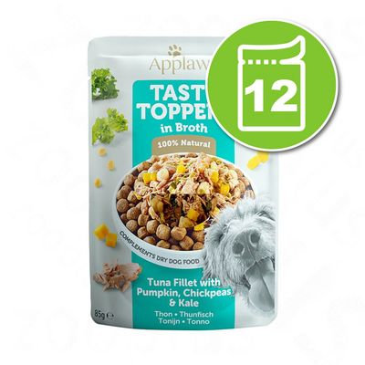 Applaws Taste Toppers in Broth, 100% Natural, filet de thon avec potiron, pois chiches et chou frisé, sachet de 85 g, lot de 12 indiqué sur un pictogramme vert.