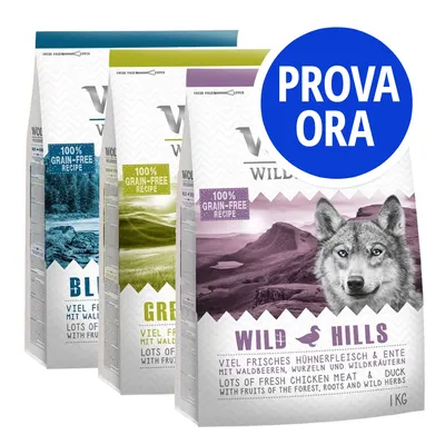 Tre confezioni di crocchette Wolf of Wilderness: Blue River, Green Fields, Wild Hills. Etichetta 100% grain-free recipe. Bollino blu con testo 'PROVA ORA'. Peso visibile: 1 kg. Tre confezioni di crocchette Wolf of Wilderness: Blue River, Green Fields, Wild Hills. Etichetta 100% grain-free recipe. Bollino blu con testo 'PROVA ORA'. Peso visibile: 1 kg.