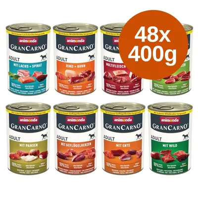 animonda GranCarno Adult konzerv válogatás, 8 féle íz, 48×400g felirat látható a képen