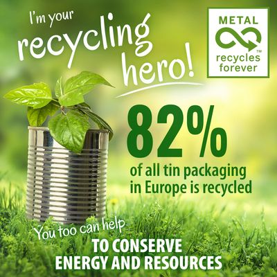 Text: I’m your recycling hero! METAL recycles forever. 82% of all tin packaging in Europe is recycled. You too can help to conserve energy and resources.