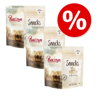 Purizon Snacks Chicken with Fish, 40 g, dla dorosłych kotów. Zestaw trzech opakowań, widoczny symbol procentowy oznaczający promocję.