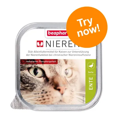 beaphar Nieren cat food tray, German text, green label with 'ENTE', orange badge reads 'Try now!'. Visible cat photo on packaging. Text in German, not Irish English.