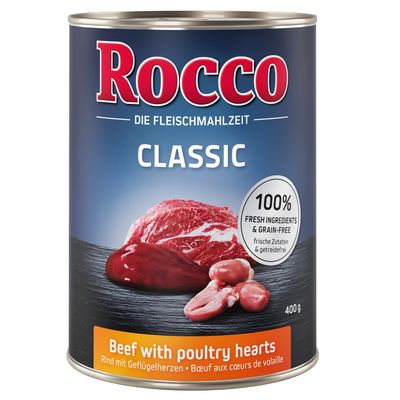 Lot Rocco Classic 24 x 400 g lot mixte pur bœuf, cœur de volaille, gibier, poulet