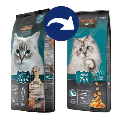 Leonardo Cat Food Adult Fish mit extra frischem Lachs, geeignet für langhaarige Katzen. Super Premium Qualität, Proteinanteil 85% tierisches Eiweiß. Verpackung zeigt Fisch und Lachsstücke.