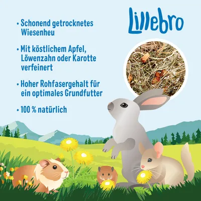 Lillebro Wiesenheu, schonend getrocknet, verfeinert mit Apfel, Löwenzahn oder Karotte. Hoher Rohfasergehalt für optimales Grundfutter. 100 % natürlich. Lillebro Wiesenheu, schonend getrocknet, verfeinert mit Apfel, Löwenzahn oder Karotte. Hoher Rohfasergehalt für optimales Grundfutter. 100 % natürlich.