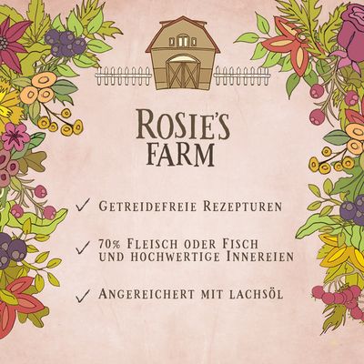 Rosie's Farm. Ricette senza cereali, 70% carne o pesce e interiora di alta qualità, arricchite con olio di salmone.