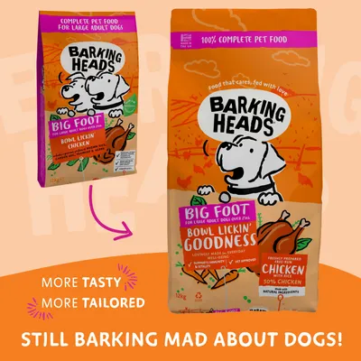 Barking Heads Big Foot chicken pet food packaging update, highlighting more tasty and tailored recipe for large adult dogs over 25kg. Text: 'Still barking mad about dogs!'