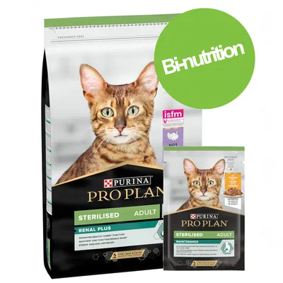 Purina Pro Plan Sterilised Adult Renal Plus et Maintenance, croquettes et sachet pour chat, texte visible : Bi-nutrition, isfm, poulet, en sauce. Chat tigré sur l’emballage.