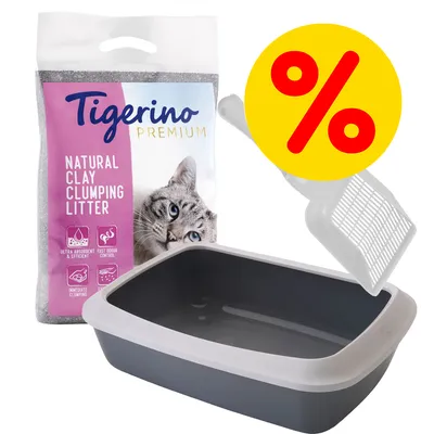 Tigerino Premium Natural Clay Clumping Litter, kočičí toaleta a lopatka. Akční nabídka označená žlutým symbolem procenta.