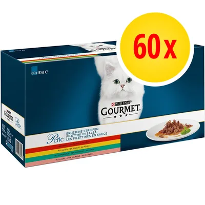 Caja de Purina Gourmet Perle, 60 sobres de 85 g. Variedades: con pollo, conejo, salmón y pavo. Imagen de gato blanco y plato con filetes en salsa.