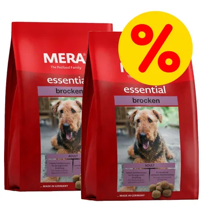 Zwei Packungen MERA essential brocken Adult, Made in Germany, gelbes Prozentzeichen für Rabattaktion sichtbar.