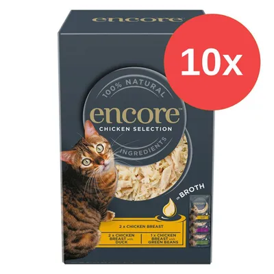Balení encore Chicken Selection pro kočky, 10×. Viditelné texty: 100% natural ingredients, 2× chicken breast, 2× chicken breast with duck, 1× chicken breast with green beans.