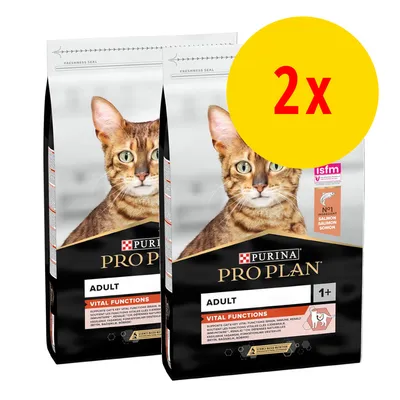Lot de 2 sacs Purina Pro Plan Adult 1+ Vital Functions pour chat, saumon comme ingrédient principal, logo ISFM visible sur l’emballage.