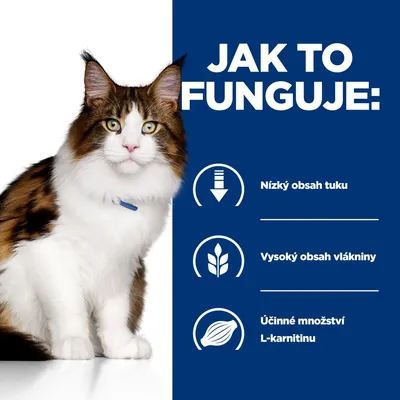 Jak to funguje: Nízký obsah tuku, Vysoký obsah vlákniny, Účinné množství L-karnitinu. Obrázek kočky vedle textu.