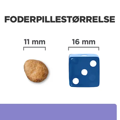 Foderpillestørrelse: foderpille 11 mm ved siden af blå terning 16 mm. Sammenligning af størrelser med tydelig tekst og mål.