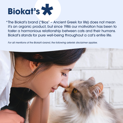 Biokat's bemærkning: Mærket står for kattes velbefindende, det er ikke et økologisk produkt. Siden 1986 har vi fremmet forholdet mellem kat og menneske.