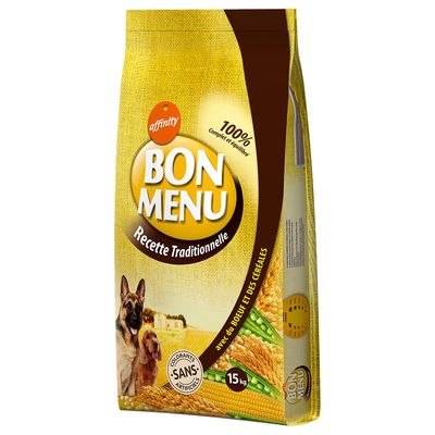 Sac de croquettes pour chien Bon Menu Recette Traditionnelle, 15 kg, avec du bœuf et des céréales, 100 % complet et équilibré, sans colorants artificiels. Marque affinity visible.