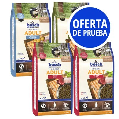 Oferta de prueba. Pienso Bosch High Premium Concept Adult, variedades mit Lamm & Reis y mit Fisch & Kartoffel, envases de 1 kg. Texto en alemán visible en los paquetes.