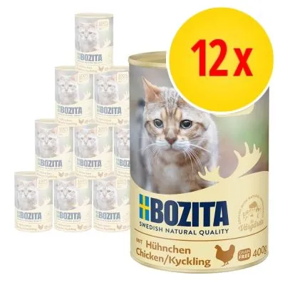 12-pack Bozita Swedish Natural Quality våtfoder för katt, Kyckling, 400 g per burk. Text: grain free, Huhnchen/Chicken/Kyckling.