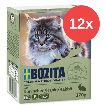 Caja de comida para gatos Bozita Swedish Natural Quality con conejo, 370 g. Texto visible: sin cereales, B glucano, trozos en gelatina. Paquete múltiple indicado con '12x'.