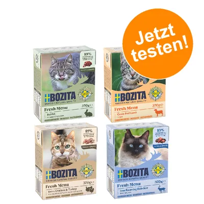Bozita Fresh Menu Katzenfutter, Sorten: Kaninchen, Lamm, Huhn & Truthahn, Rentier. 370g Packungen mit 89% tierischen Zutaten. Jetzt testen!