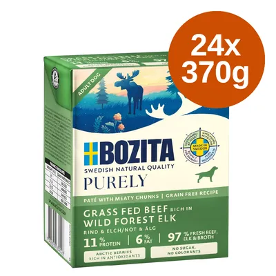 Bozita Purely Adult Dog, 24x370g. Rund & eland, graanvrij, 11% eiwit, 6% vet, 97% vers vlees. Gemaakt in Zweden, zonder suiker, geen kleurstoffen.