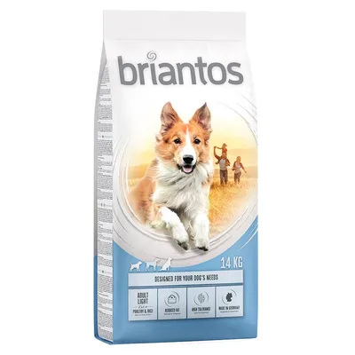 Confezione di crocchette per cani Briantos Adult Light pollo e riso, 14 kg. Testo visibile: reduced fat, high tolerance, made in Germany.