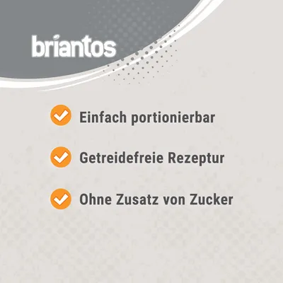 briantos. Einfach portionierbar, getreidefreie Rezeptur, ohne Zusatz von Zucker.