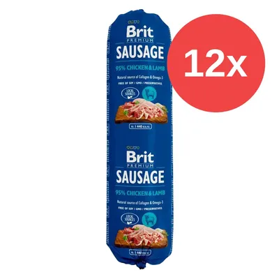 Brit Premium Sausage 95% Chicken & Lamb, 12x. Natural source of Collagen & Omega-3, free of soy/GMO/preservatives, local sources. Masa netto: 1 440 g. Brit Premium Sausage 95% Chicken & Lamb, 12x. Natural source of Collagen & Omega-3, free of soy/GMO/preservatives, local sources. Masa netto: 1 440 g.