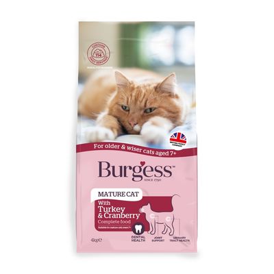 Burgess Mature Cat Turkey & Cranberry complete food for cats aged 7+, with dental health, joint support and urinary tract health benefits. Contains 114 daily servings.