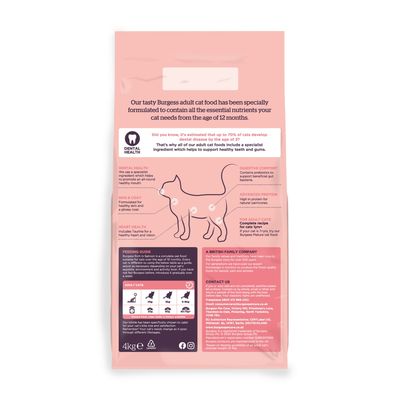 Back of adult cat food bag showing feeding guide, nutritional benefits for dental health, skin, coat, heart, digestive comfort, advanced protein, and contact information.
