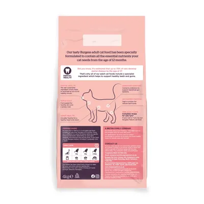 Back of adult cat food bag showing feeding guide, nutritional benefits for dental health, skin, coat, heart, digestive comfort, advanced protein, and contact information.
