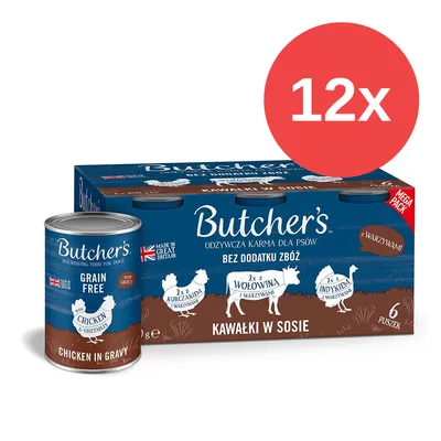Pack de 12 latas Butcher's para perros, sin cereales, con pollo y verduras. Texto visible en polaco e inglés: 'Grain Free', 'Chicken in Gravy', 'Bez dodatku zbóż', 'Mega Pack'.