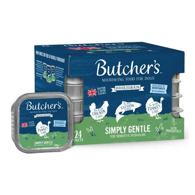 Butcher’s Simply Gentle wholegrain food, 24 trays for sensitive stomachs, with prebiotics. Contains 8 chicken & rice, 8 salmon & rice, 8 turkey & rice. Developed by nutritionists.