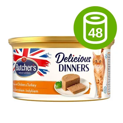 Butcher's Delicious Dinners z kurczakiem i indykiem, puszka dla kota, opakowanie zbiorcze 48 sztuk widoczne na zielonej ikonie.