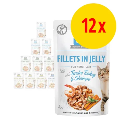 Brit Care Fillets in Jelly for adult cats, 12 x 85 g. Synlig tekst: with Tender Turkey & Shrimps, enriched with Carrot and Rosemary. Billede af kat og foder på emballagen.