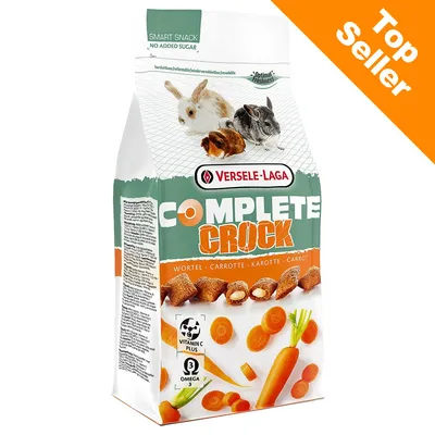 Versele-Laga Complete Crock, snack per piccoli animali con carote, scritte: 'Vitamin C Plus', 'Omega 3', 'No added sugar', immagini di coniglio, porcellino d'India e cincillà.