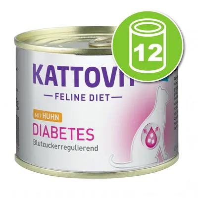 Kattovit Feline Diet mit Huhn DIABETES Blutzuckerregulierend, lot de 12 boîtes visibles sur l’emballage. Texte en allemand. Kattovit Feline Diet mit Huhn DIABETES Blutzuckerregulierend, lot de 12 boîtes visibles sur l’emballage. Texte en allemand.