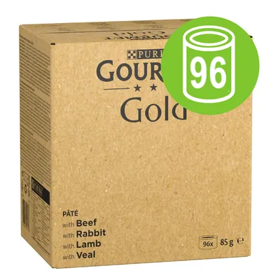 Scatola Purina Gourmet Gold, pâté con manzo, coniglio, agnello, vitello. 96 lattine da 85 g ciascuna, indicato sul fronte della confezione.