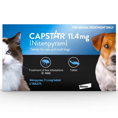 Capstar 11.4 mg Nitenpyram tablets for cats and small dogs, used for treatment of flea infestations (C. felis). Contains 6 tablets, 11.4 mg each. For animal treatment only.
