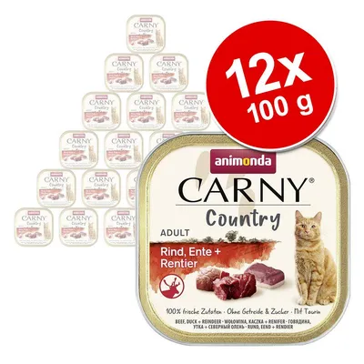 Animonda Carny Country Adult Rind, Ente + Rentier, 12×100 g. Viditeľné: hovädzie, kačacie a sobie mäso, mačka, nápis 100 % čerstvé zložky, bez obilnín a cukru, s taurínom.